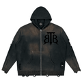 Shop the Signature Cachet Heavyweight Distressed Cotton Zip Up Hoodie by Teddy Blaze. 760 GSM destroyed washed black cotton zip hoodie featuring the Cachet emblem from The Mature Mocha Collection.