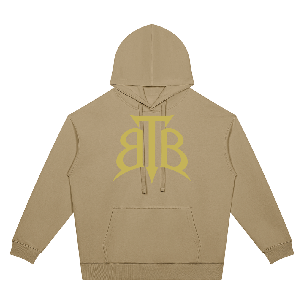Shop the Signature Cachet Oversized Drop Shoulder Hooded Jumper by Teddy Blaze. 360 GSM tan cotton-poly hoodie featuring the Cachet emblem from The Mature Mocha Collection.