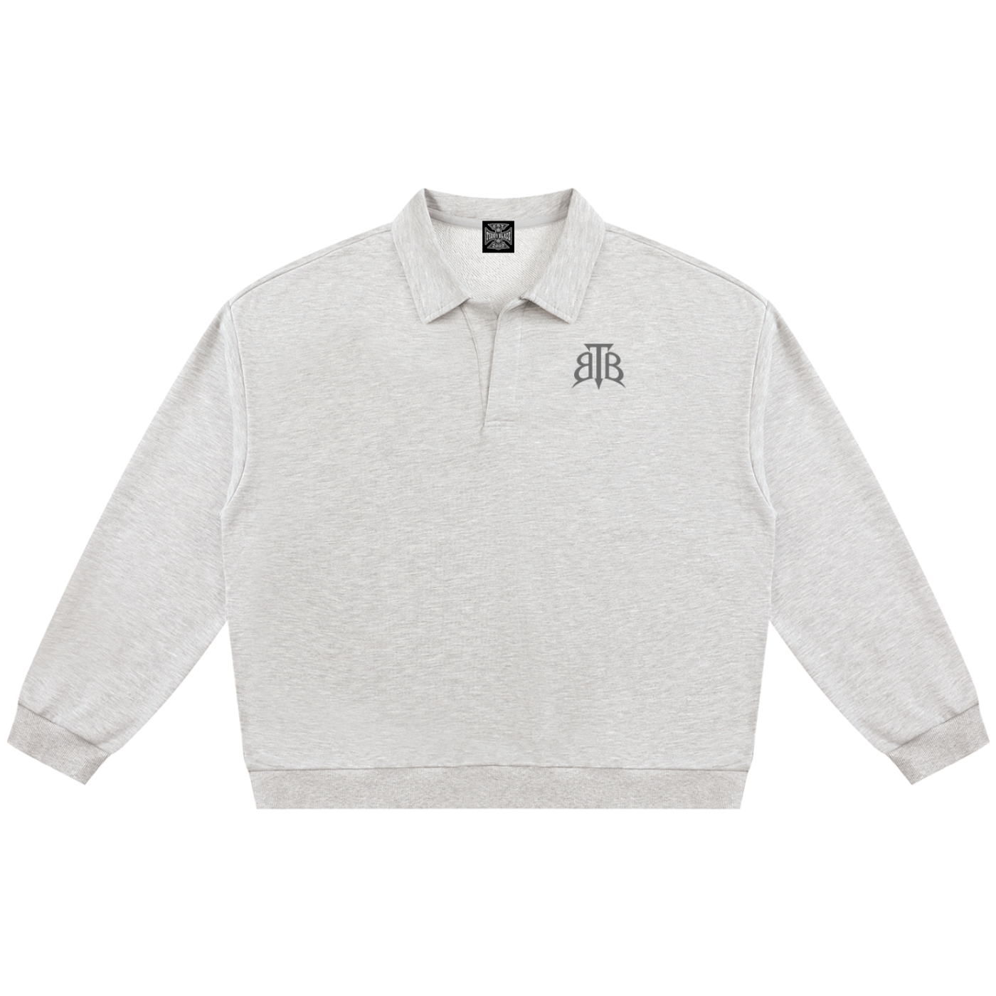 Shop the Signature Cachet Oversized Rugby Shirt by Teddy Blaze. Heavyweight 310 GSM heather gray fleece rugby pullover featuring the Cachet emblem from The Mature Mocha Collection.