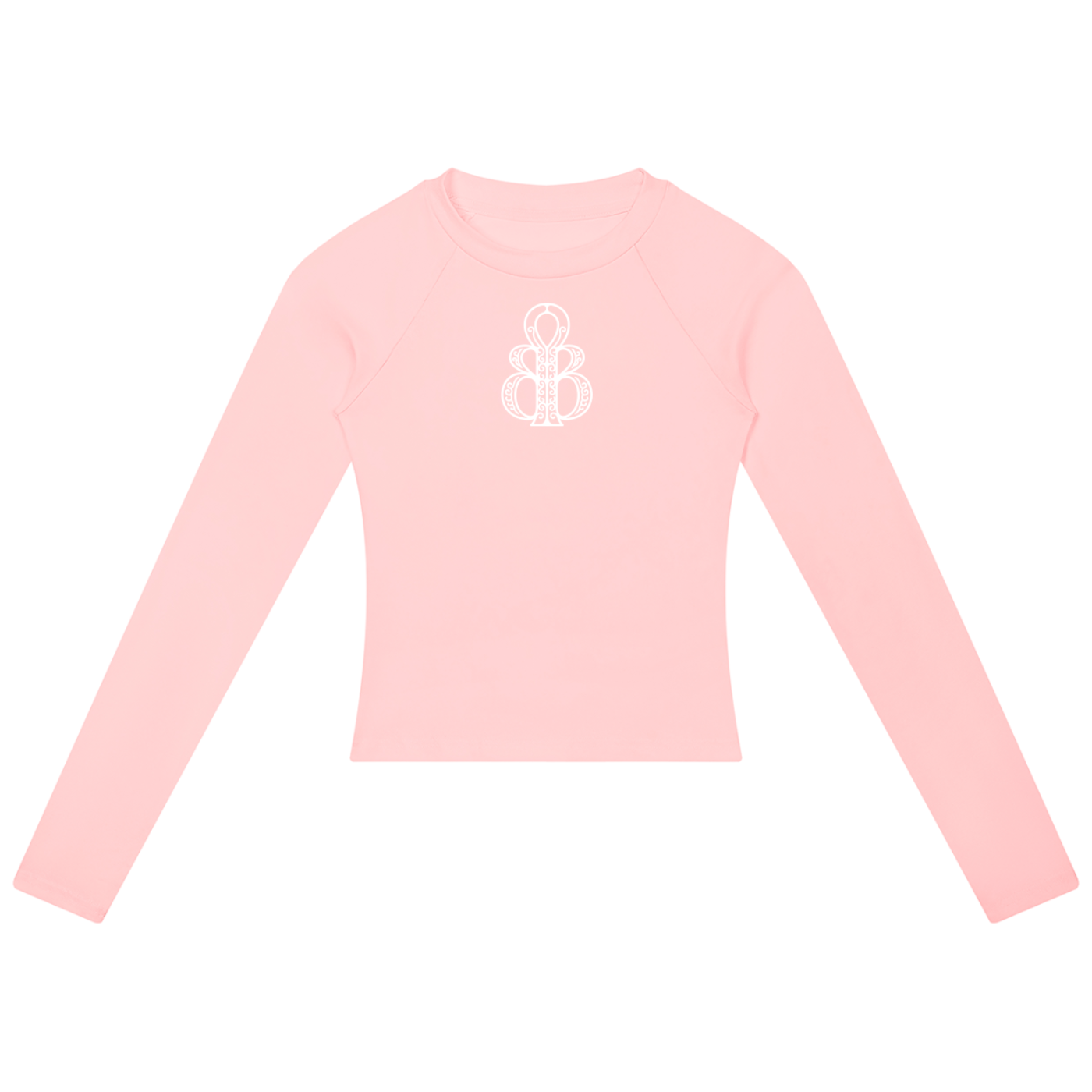 Shop the Signature Cachet Slim Raglan Jumper by Teddy Blaze. Blossom pink stretch-cotton long sleeve cropped top featuring an ornate Ankh emblem from THE BLAZE WOMAN.