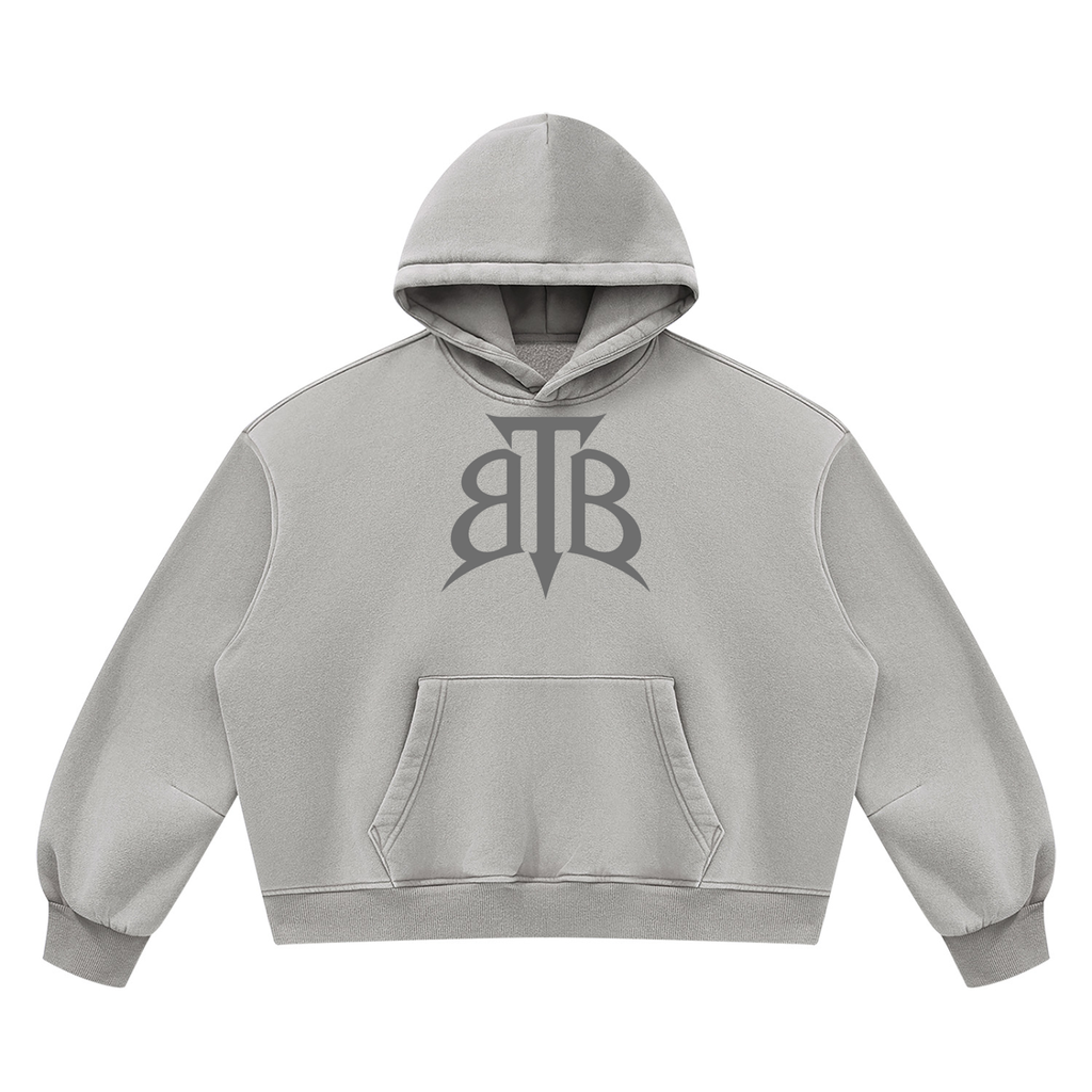 Shop the Signature Cachet Vintage Wash Boxy Fleece Hooded Jumper by Teddy Blaze. 390 GSM heavy slate gray hoodie featuring the Cachet emblem from The Mature Mocha Collection.