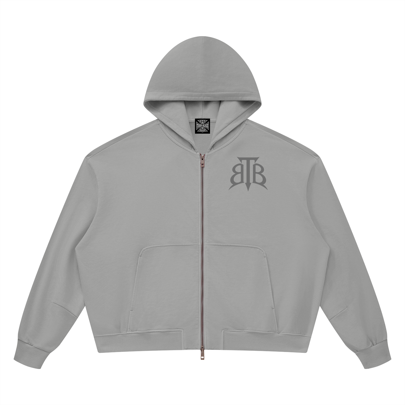 Shop the Signature Cachet Vintage Wash Boxy Zip Up Hoodie by Teddy Blaze. 360 GSM slate gray cotton zip hoodie featuring the Cachet emblem from The Mature Mocha Collection.