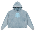 Shop the Signature Cachet Vintage Washed Frayed-Hem Hooded Jumper by Teddy Blaze. 340 GSM ice blue heavy fleece hoodie featuring the Cachet emblem from The Mature Mocha Collection.