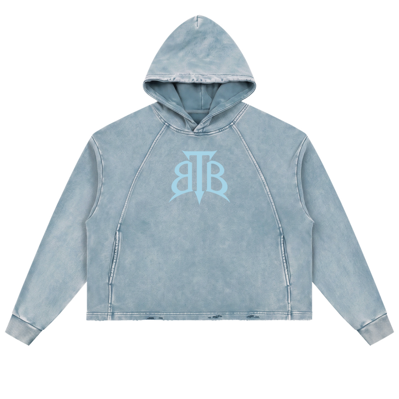 Shop the Signature Cachet Vintage Washed Frayed-Hem Hooded Jumper by Teddy Blaze. 340 GSM ice blue heavy fleece hoodie featuring the Cachet emblem from The Mature Mocha Collection.