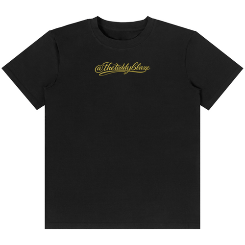 Shop the Signature Classic Tee by Teddy Blaze. Premium black cotton-blend t-shirt featuring gold script branding from THE BLAZE MAN.