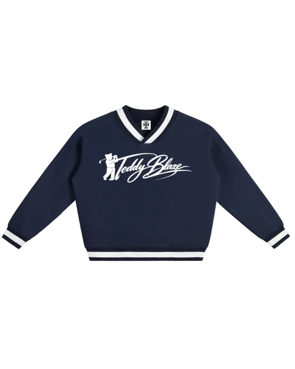 Shop the Iron + Ivy Signature Contrast Collar Cotton Boxy Jumper by Teddy Blaze. Heavyweight 380 GSM navy cotton V-neck jumper with striped ribbed trim and golf bear chest graphic.
