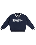 Shop the Iron + Ivy Signature Contrast Collar Cotton Boxy Jumper by Teddy Blaze. Heavyweight 380 GSM navy cotton V-neck jumper with striped ribbed trim and golf bear chest graphic.