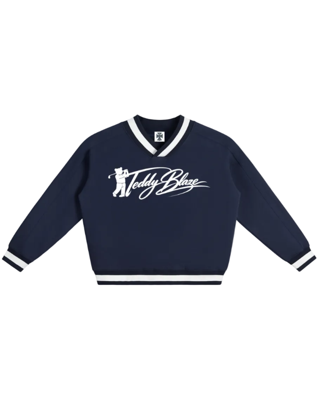 Shop the Iron + Ivy Signature Contrast Collar Cotton Boxy Jumper by Teddy Blaze. Heavyweight 380 GSM navy cotton V-neck jumper with striped ribbed trim and golf bear chest graphic.