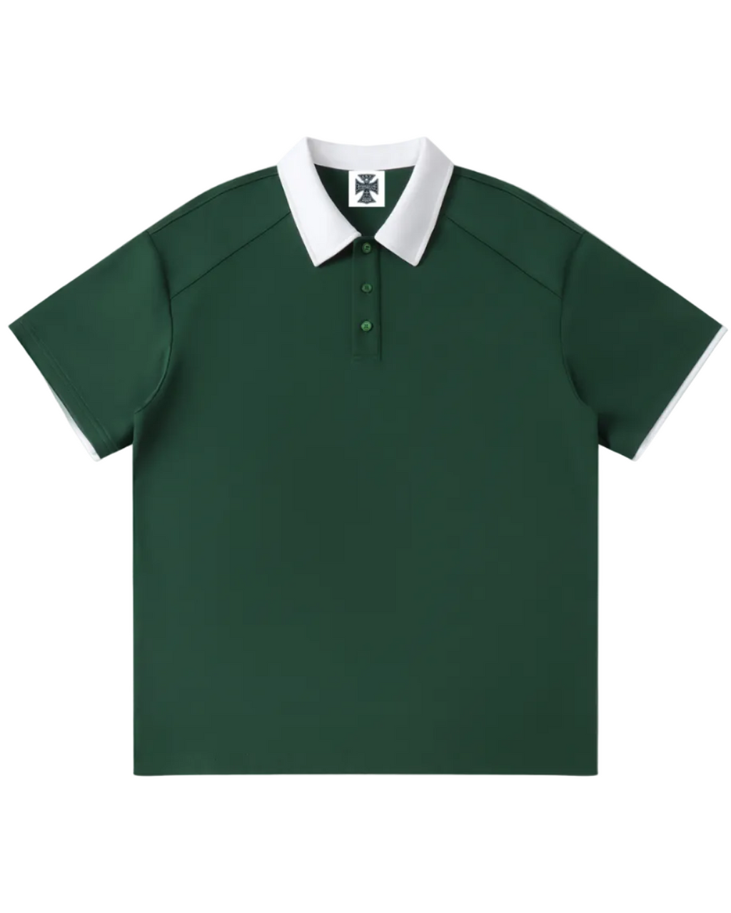 Shop the Iron + Ivy Signature Contrast Collar Raglan Polo by Teddy Blaze. Forest green 220 GSM short-sleeve polo with white contrast lapel collar, raglan sleeves, and orange back script.