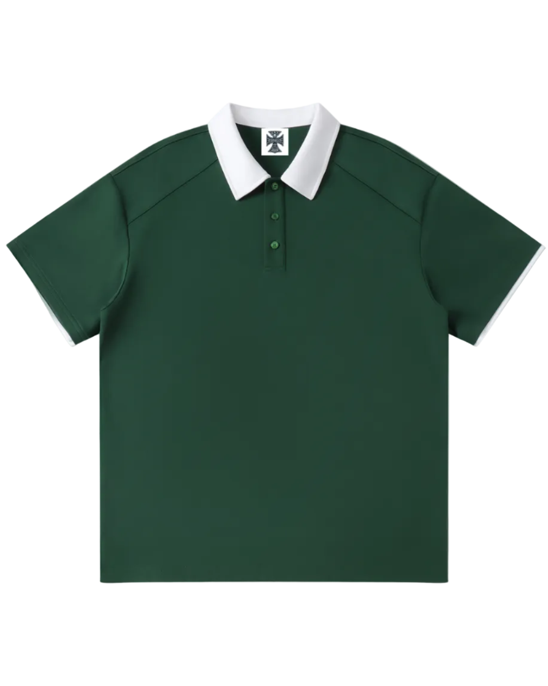 Shop the Iron + Ivy Signature Contrast Collar Raglan Polo by Teddy Blaze. Forest green 220 GSM short-sleeve polo with white contrast lapel collar, raglan sleeves, and orange back script.