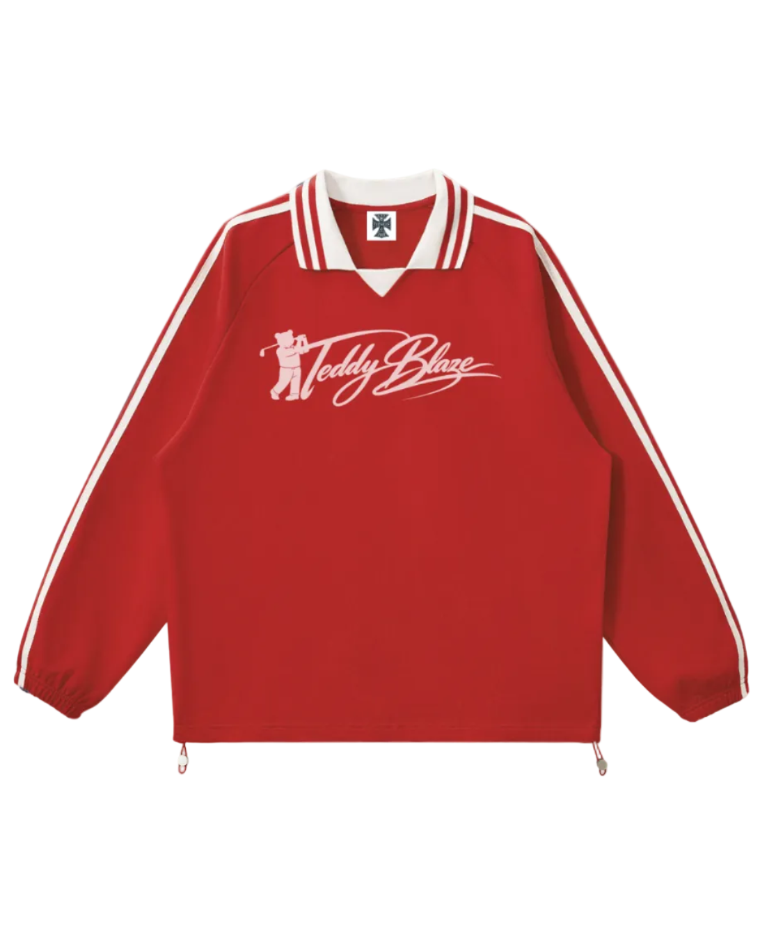 A red long-sleeve track jacket with white stripes on the sleeves, a white V-neck collar, and a white 'Teddy Blaze' script logo across the chest, displayed on a clean white background.