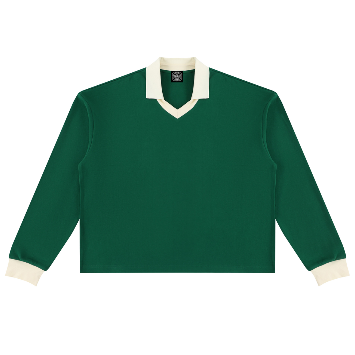Shop the Signature Contrast Trim Long Sleeve Golf Shirt by Teddy Blaze. 320 GSM heavy green cotton-poly pullover with contrast cream trim and neon back script.