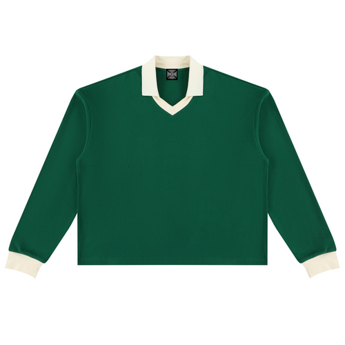 Shop the Signature Contrast Trim Long Sleeve Golf Shirt by Teddy Blaze. 320 GSM heavy green cotton-poly pullover with contrast cream trim and neon back script.
