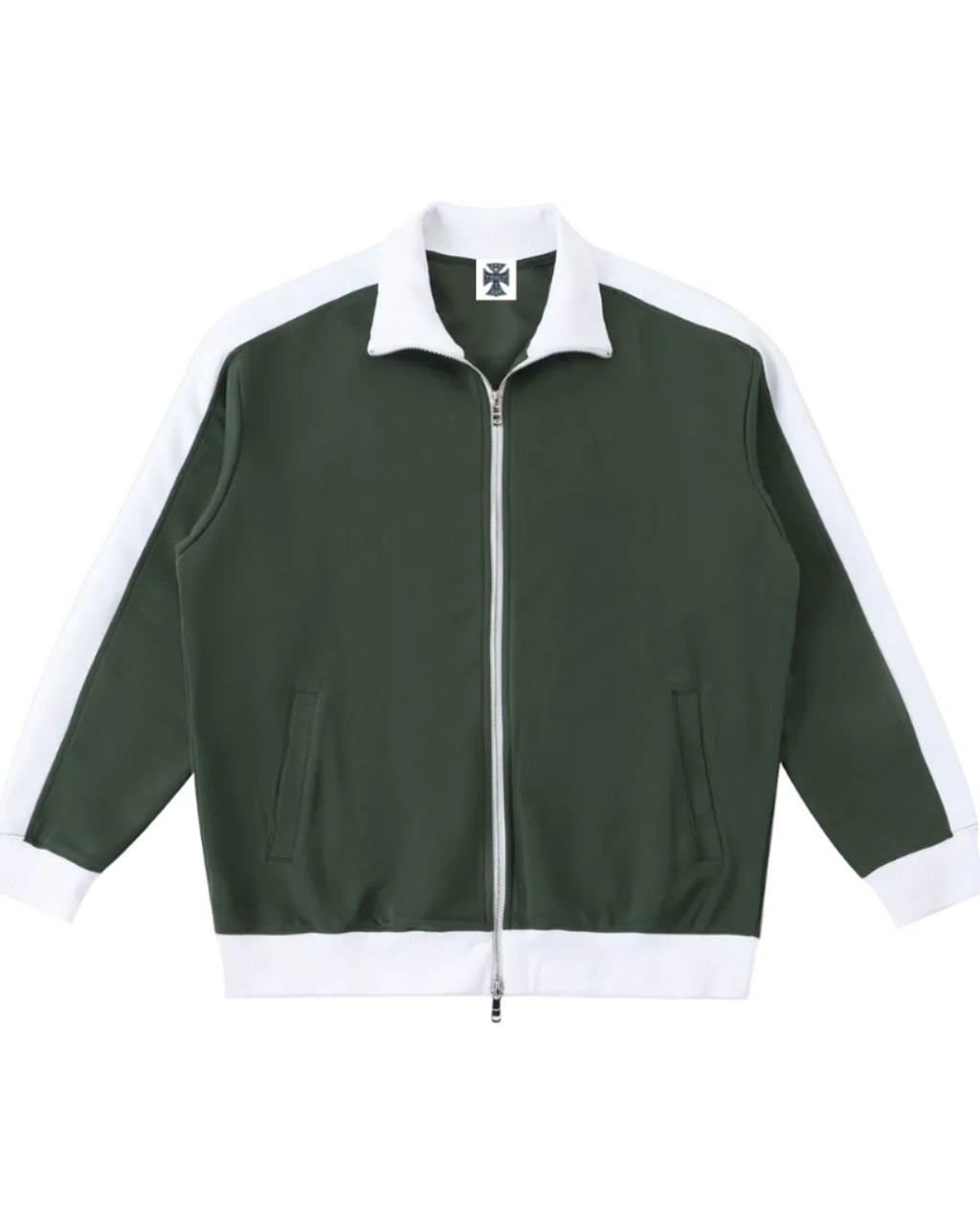 Shop the Iron + Ivy Signature Contrast Trim Stand Collar Track Jacket by Teddy Blaze. Forest green 380 GSM fleece jacket with white contrast sleeves, collar, and orange back script.
