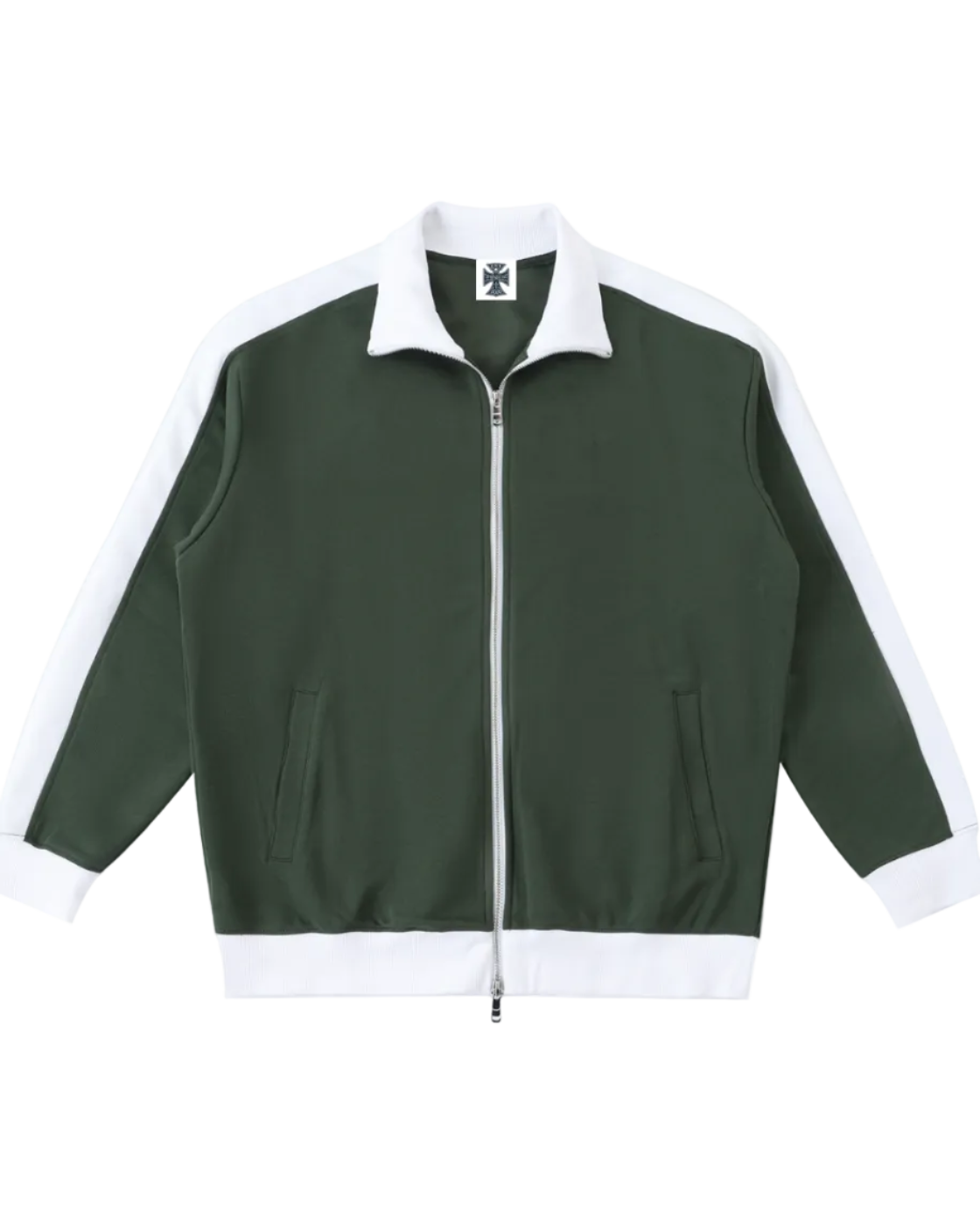 Shop the Iron + Ivy Signature Contrast Trim Stand Collar Track Jacket by Teddy Blaze. Forest green 380 GSM fleece jacket with white contrast sleeves, collar, and orange back script.