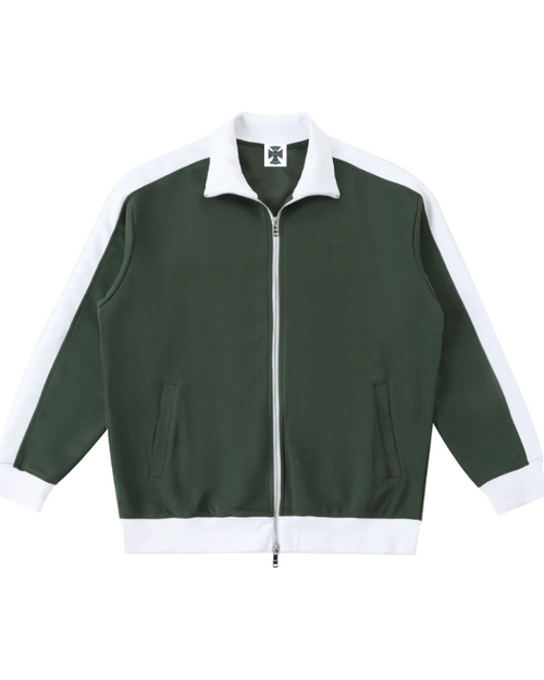 Shop the Iron + Ivy Signature Contrast Trim Stand Collar Track Jacket by Teddy Blaze. Forest green 380 GSM fleece jacket with white contrast sleeves, collar, and orange back script.
