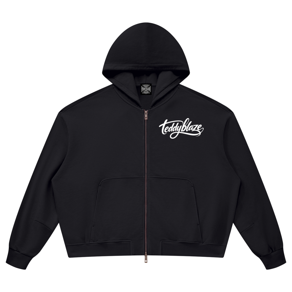 Shop the Signature Cotton Vintage Wash Boxy Zip Hoodie by Teddy Blaze. 360 GSM washed black heavy cotton zip hoodie reflecting stealth wealth and quiet luxury from the COVERUPS line of The Mature Mocha Collection.