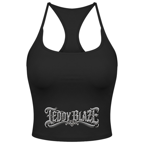 A black racerback crop top featuring a stylized silver and white 'Teddy Blaze' gothic logo printed across the lower front, displayed on a solid white background.