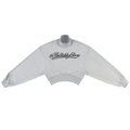 Shop the Signature Cropped Mock Neck Jumper by Teddy Blaze. Heather gray 280 GSM fleece cropped sweater featuring black script branding from THE BLAZE WOMAN.