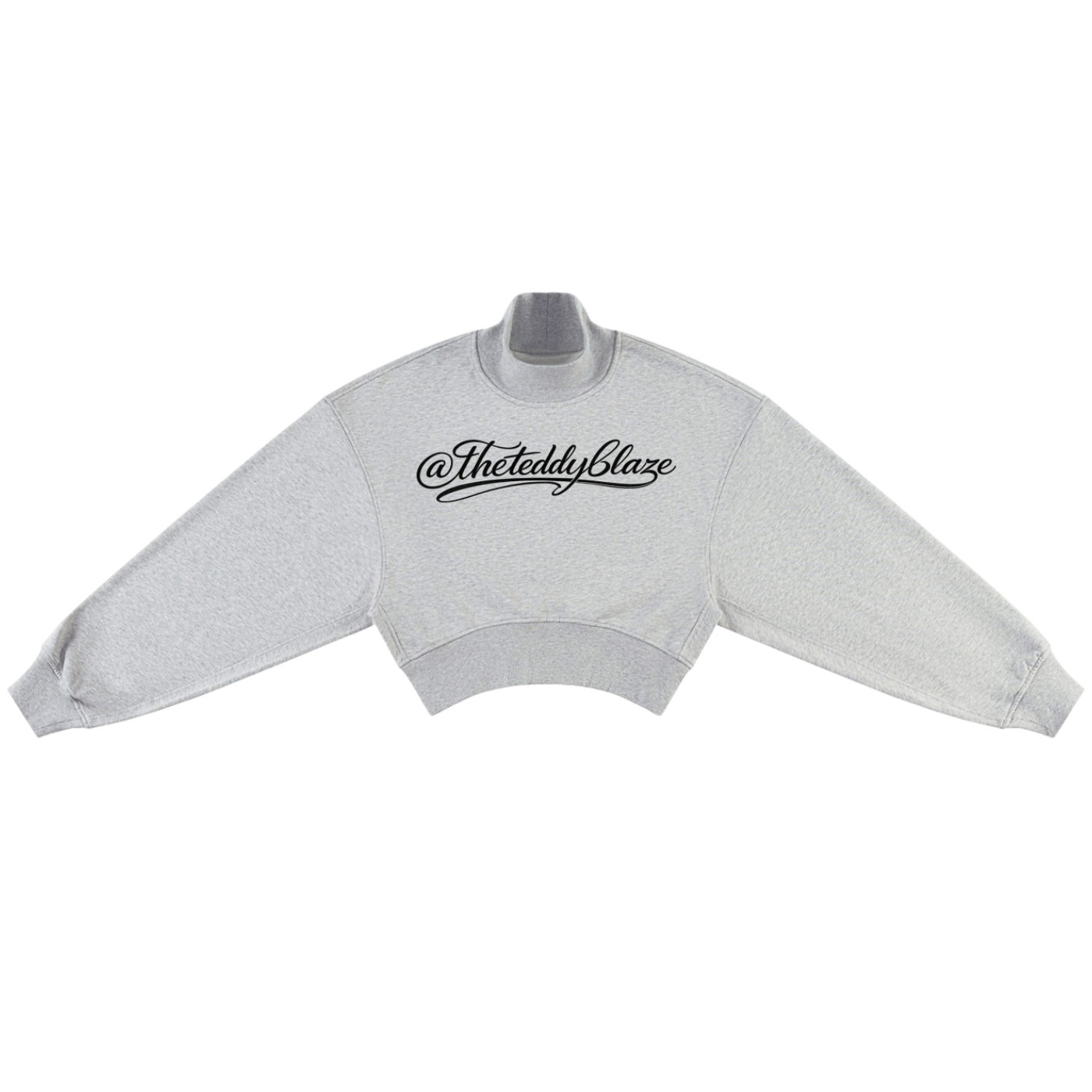 Shop the Signature Cropped Mock Neck Jumper by Teddy Blaze. Heather gray 280 GSM fleece cropped sweater featuring black script branding from THE BLAZE WOMAN.