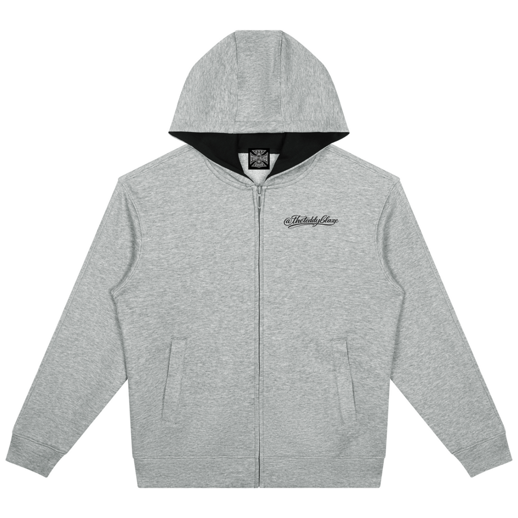 Shop the Signature Drop Shoulder Slim Fit Zip Hoodie by Teddy Blaze. 380 GSM bonded heather gray fleece zip-up with contrast black lining from THE BLAZE MAN.