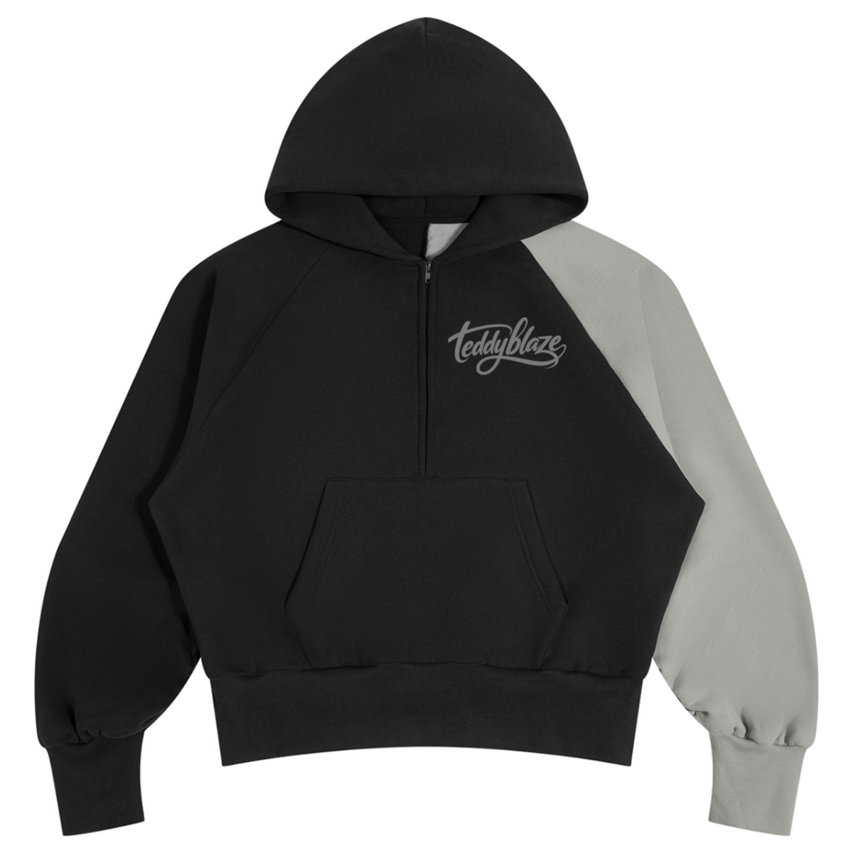 Shop the Signature Fleece Contrast Sleeve Hoodie by Teddy Blaze. Heavyweight 350 gsm quarter-zip fleece hoodie featuring a two-tone colorblock design and silver script logo.