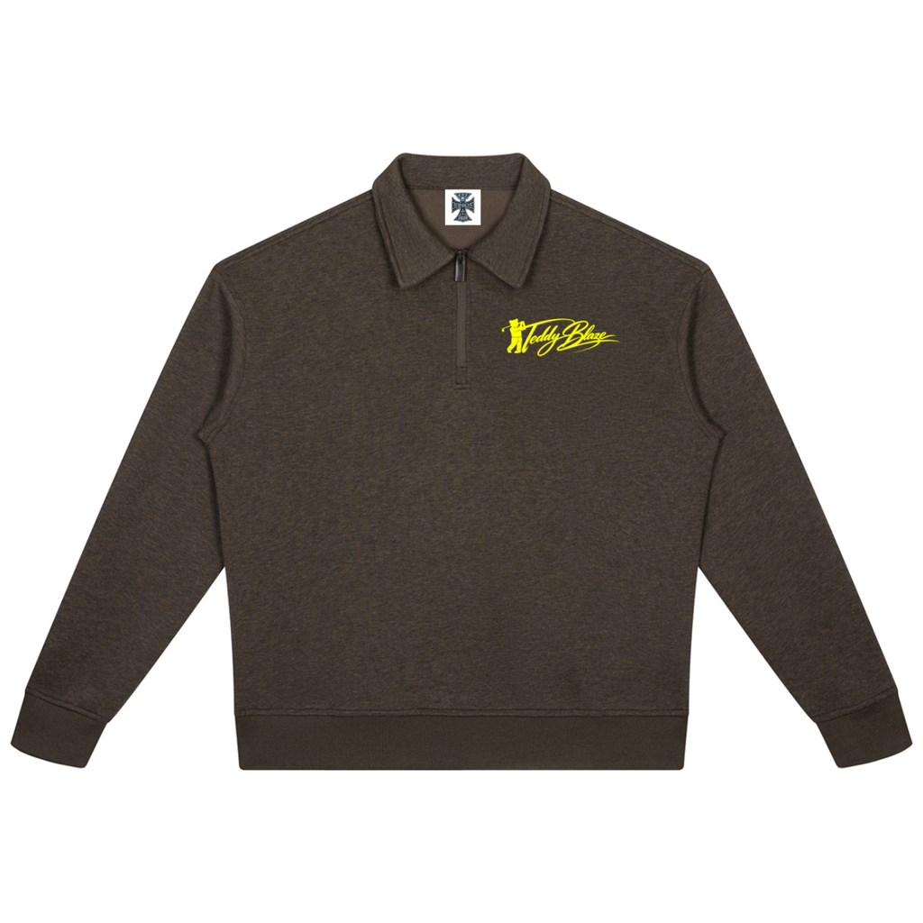 Shop the Signature Long Sleeve Golf Polo by Teddy Blaze. Heavyweight 350 gsm espresso brown quarter-zip golf polo featuring yellow golf script branding and a lapel collar.