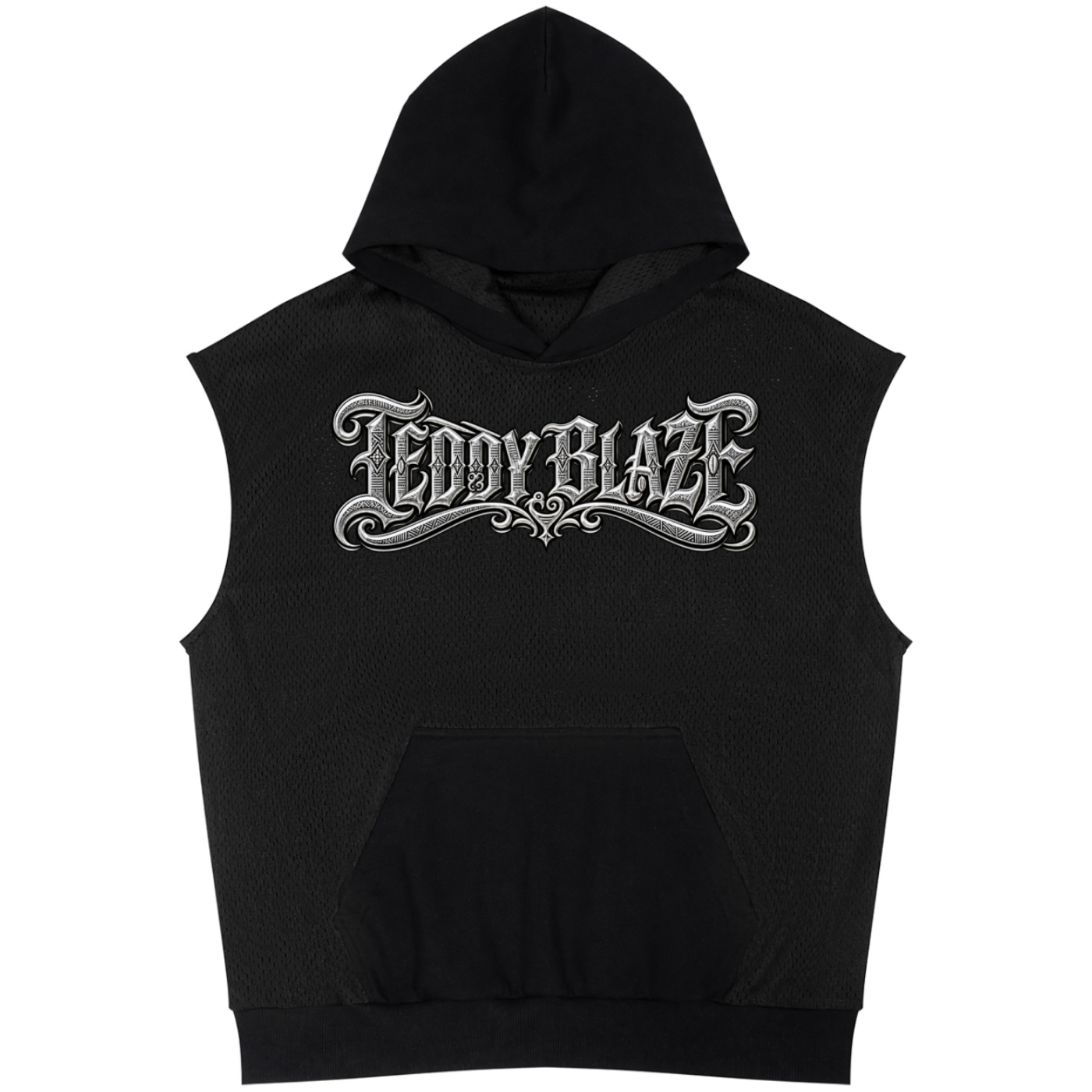 A unisex mesh-panel sleeveless hoodie with a kangaroo pocket and Teddy Blaze Signature chest graphic. Lightweight streetwear with clean presence.