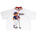 Shop the Signature Mr. Blaze Contrast Lapel Collar Boxy Short Sports Polo by Teddy Blaze. 240 GSM white stretch jersey polo with mascot art from TEDDY FORE!.