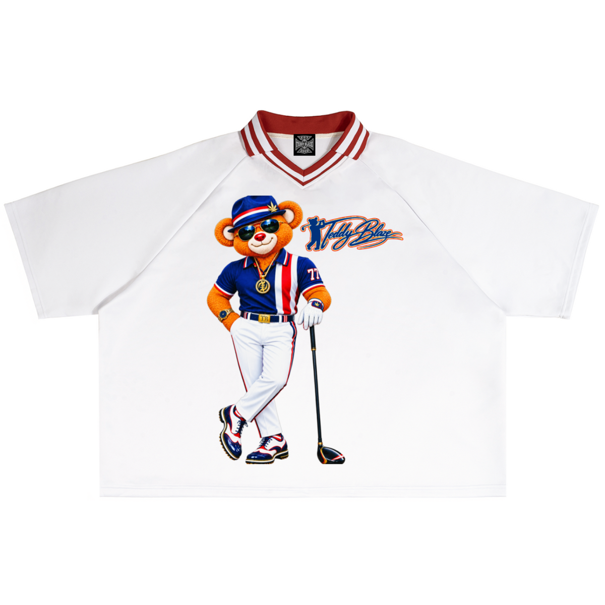 Shop the Signature Mr. Blaze Contrast Lapel Collar Boxy Short Sports Polo by Teddy Blaze. 240 GSM white stretch jersey polo with mascot art from TEDDY FORE!.