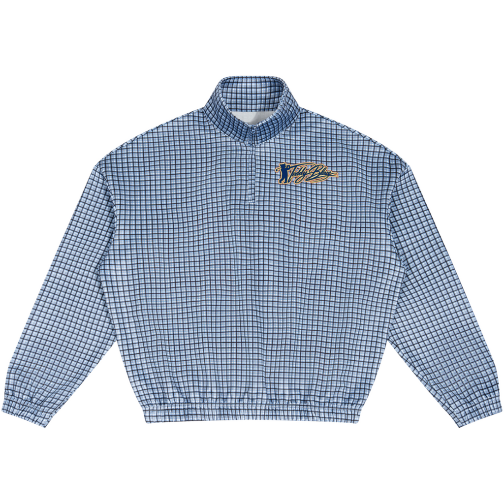 Shop the Signature Mr. Blaze Gingham Quarter-Zip Jumper by Teddy Blaze. 360 GSM blue micro-gingham jumper with mascot back art from TEDDY FORE!.