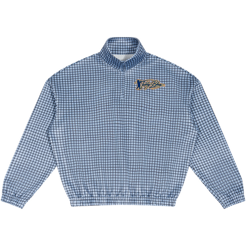 Shop the Signature Mr. Blaze Gingham Quarter-Zip Jumper by Teddy Blaze. 360 GSM blue micro-gingham jumper with mascot back art from TEDDY FORE!.