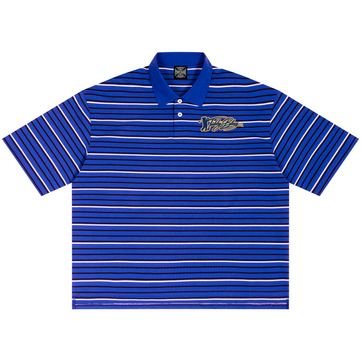 Shop the Signature Mr. Blaze Striped Boxy Short Golf Polo by Teddy Blaze. 270 GSM blue striped polo shirt with mascot back art from TEDDY FORE!.