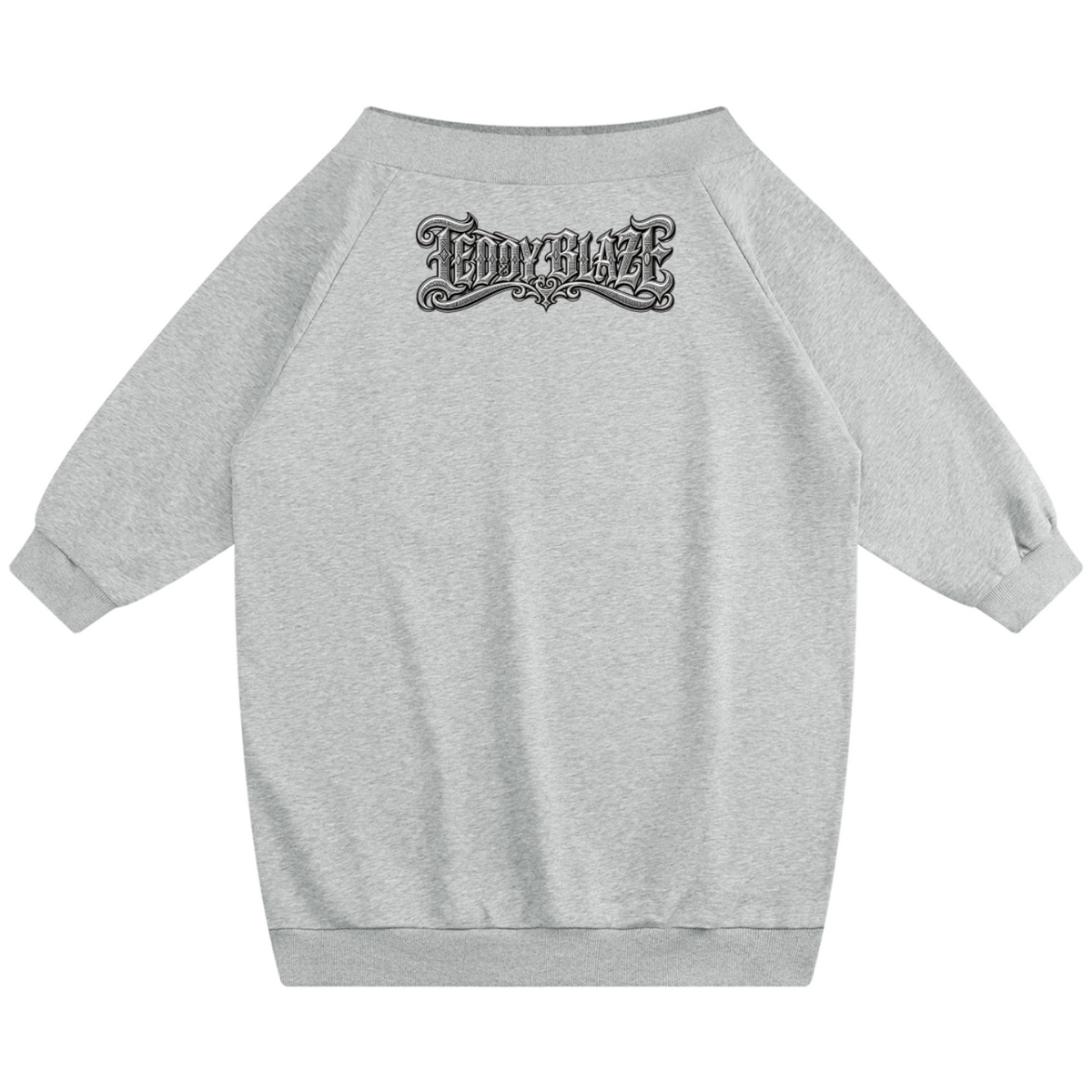 A light gray heathered sweatshirt with long raglan sleeves and a black gothic-style 'Teddy Black' graphic printed across the upper chest, shown against a plain white background.