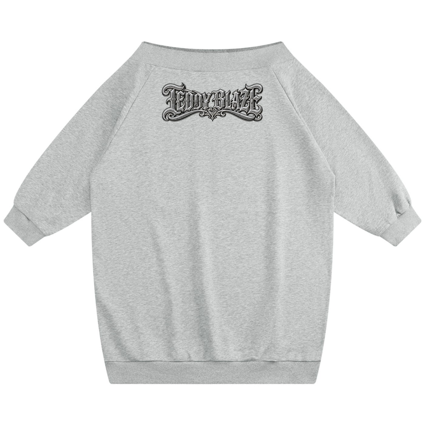 A light gray heathered sweatshirt with long raglan sleeves and a black gothic-style 'Teddy Black' graphic printed across the upper chest, shown against a plain white background.