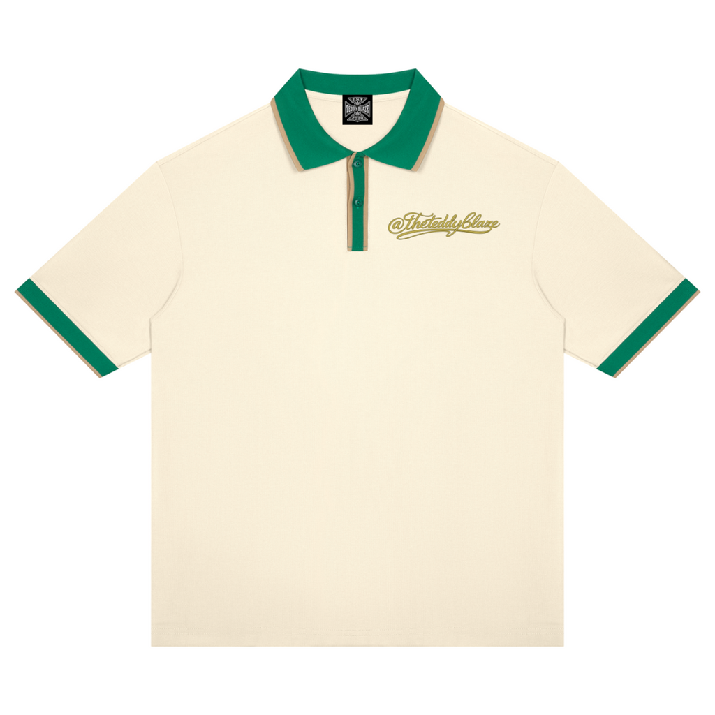 Shop the Signature On the Greens Slim Fit Golf Shirt by Teddy Blaze. 240 GSM cream piqué golf polo with forest green and gold trim from THE BLAZE MAN.