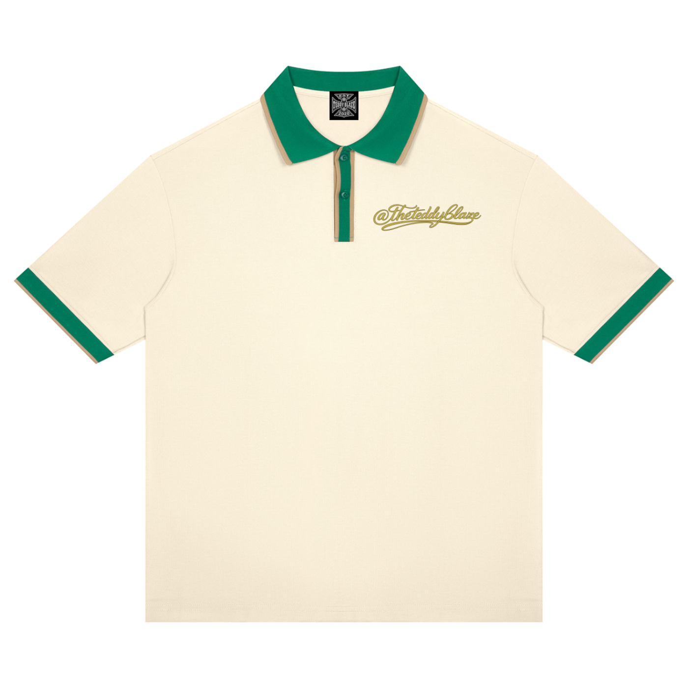 Shop the Signature On the Greens Slim Fit Golf Shirt by Teddy Blaze. 240 GSM cream piqué golf polo with forest green and gold trim from THE BLAZE MAN.
