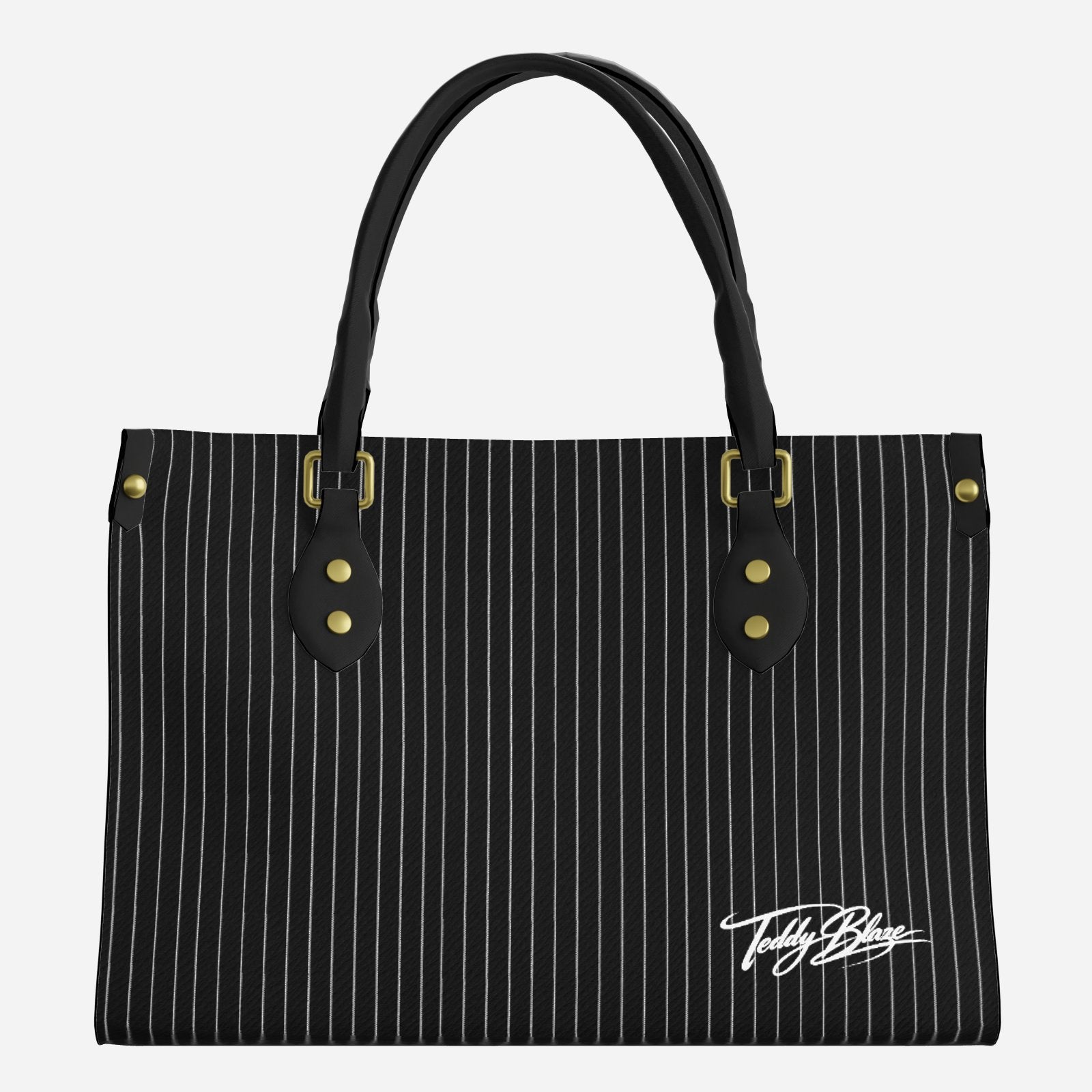 Shop the Signature Pinstripe Grab + Go Bag by Teddy Blaze. Structured leatherette carryall featuring vertical pinstripes and brass-tone hardware.