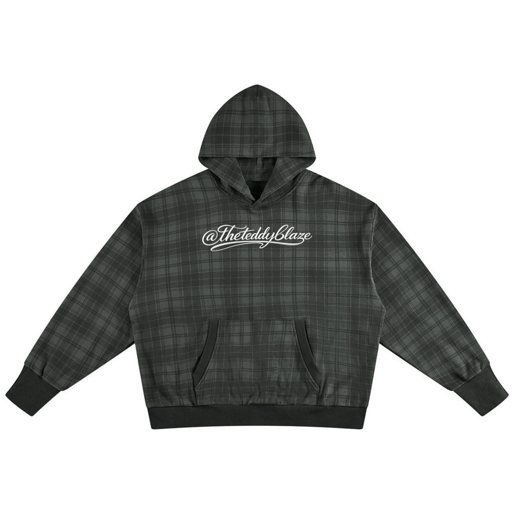 Shop the Signature Plaid Cotton Hooded Jumper by Teddy Blaze. Heavyweight 400 GSM dark plaid cotton hoodie featuring white script branding from THE BLAZE MAN.