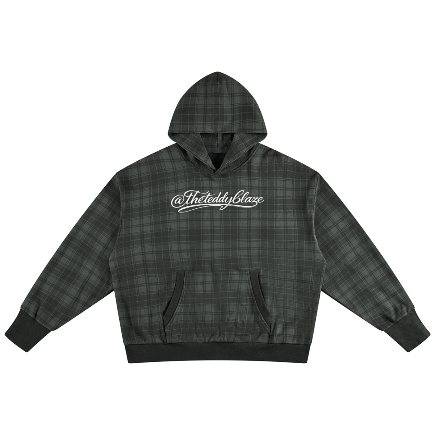 Shop the Signature Plaid Cotton Hooded Jumper by Teddy Blaze. Heavyweight 400 GSM dark plaid cotton hoodie featuring white script branding from THE BLAZE MAN.