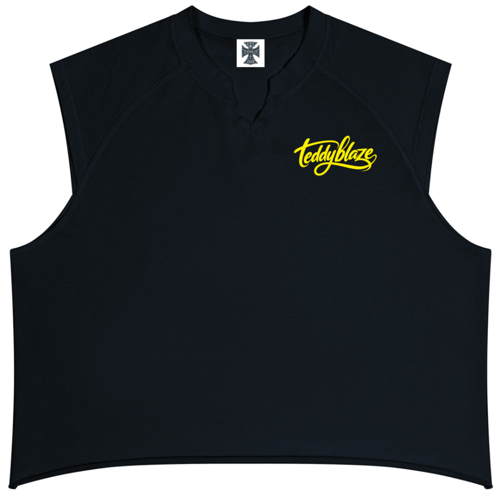 Shop the Signature Raw Edge Tank by Teddy Blaze. Heavyweight 250 gsm cotton-blend loose fit V-neck tank top featuring yellow script branding and raw hem detailing.