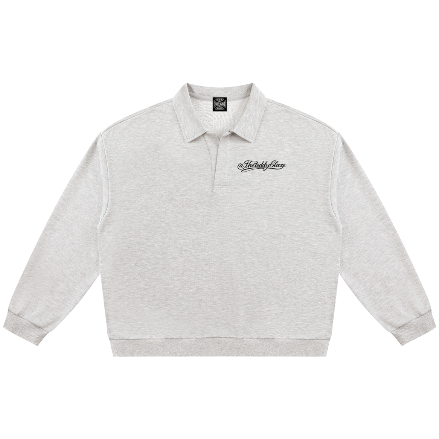Shop the Signature Rugby Shirt by Teddy Blaze. Heavyweight 310 GSM heather gray fleece rugby pullover with black script branding from THE BLAZE MAN.