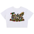 Shop the Teddy Blaze Signature Seamless Baby Tee, a cropped 100% cotton women’s tee featuring the house’s colorful AfroBohemian patchwork wordmark.