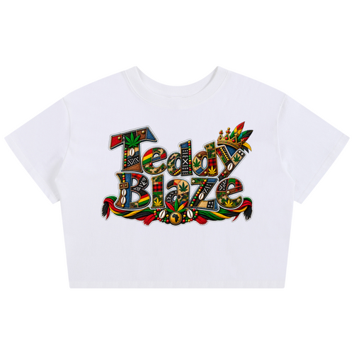 Shop the Teddy Blaze Signature Seamless Baby Tee, a cropped 100% cotton women’s tee featuring the house’s colorful AfroBohemian patchwork wordmark.