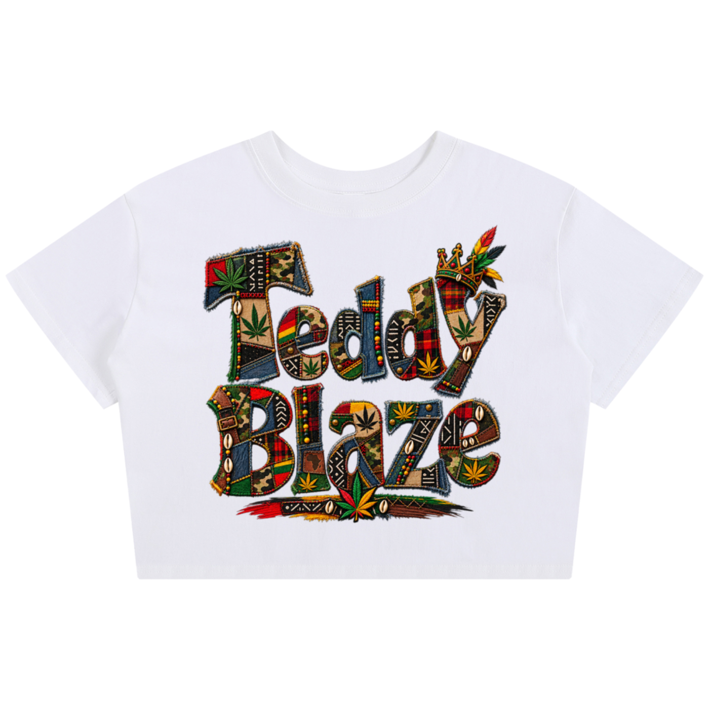 Shop the Teddy Blaze Signature Baby Tee, a 100% cotton women’s graphic tee mixing Afrocentric, AfroBohemian and streetwear influences in one bold design.