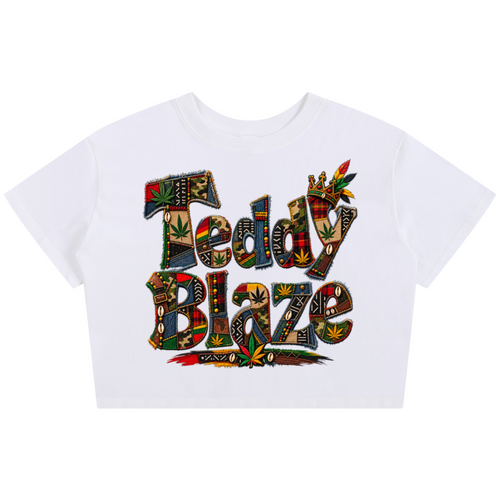 Shop the Teddy Blaze Signature Baby Tee, a 100% cotton women’s graphic tee mixing Afrocentric, AfroBohemian and streetwear influences in one bold design.