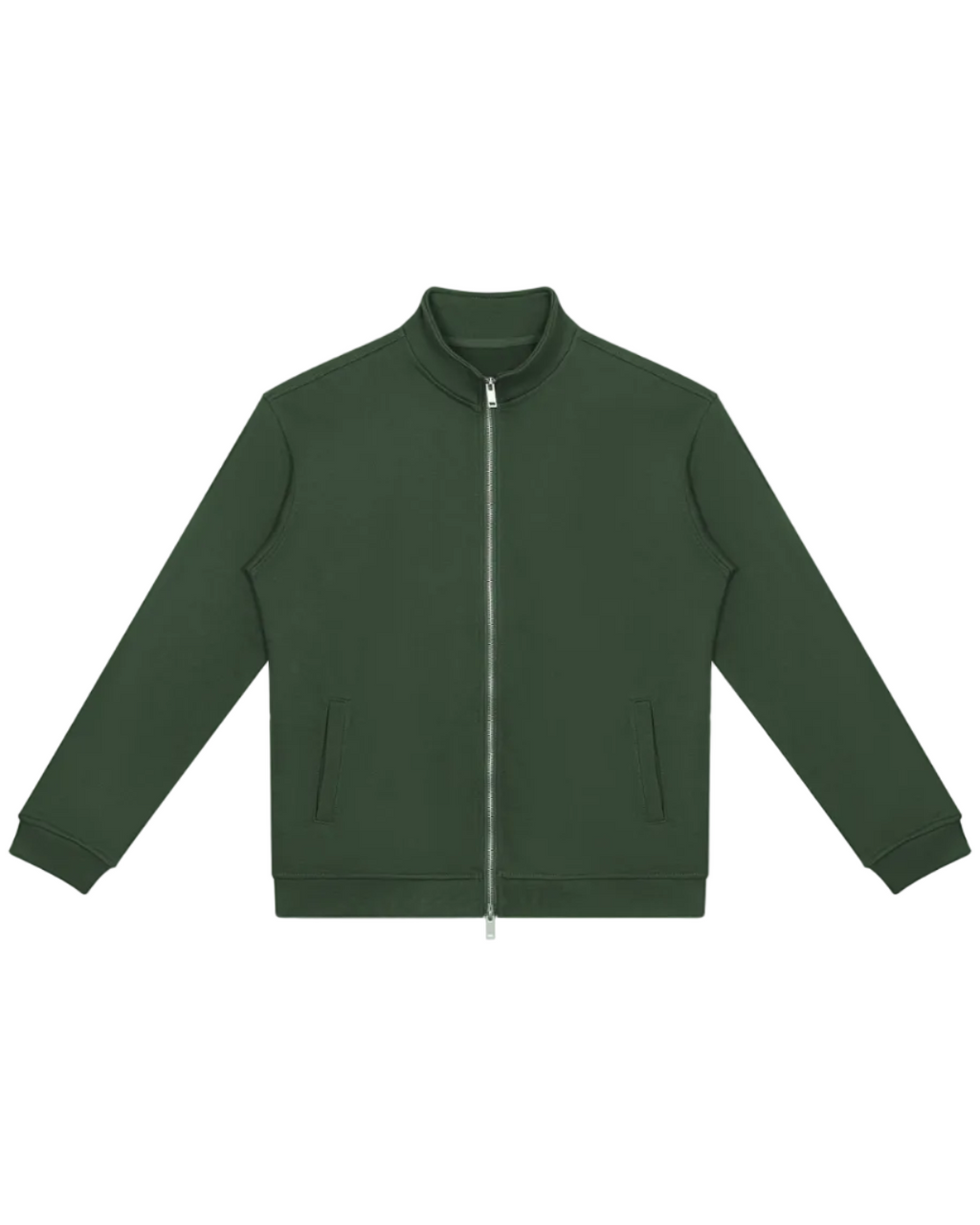 A dark green zip-up jacket with a ribbed collar, cuffs, and hem, displayed flat against a solid white background.
