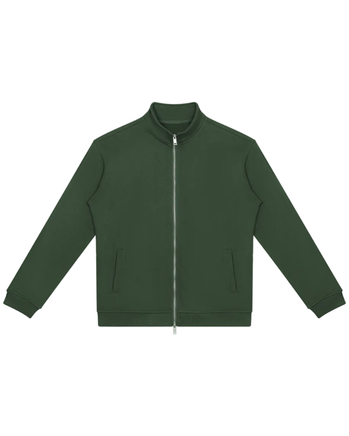 A dark green zip-up jacket with a ribbed collar, cuffs, and hem, displayed flat against a solid white background.