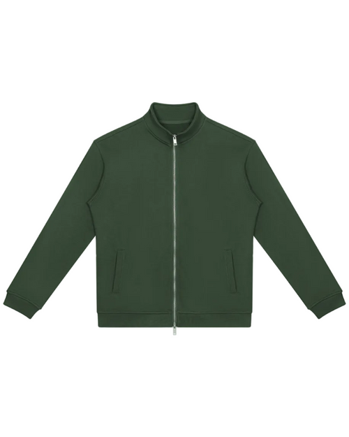 A dark green zip-up jacket with a ribbed collar, cuffs, and hem, displayed flat against a solid white background.