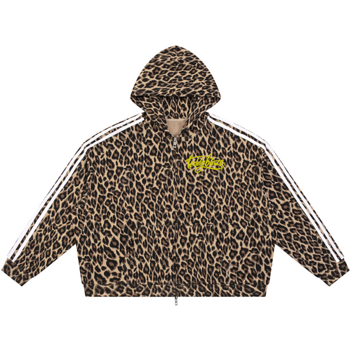 Shop the Signature Stripe Leopard Print Cotton Zip Hoodie by Teddy Blaze. 360 GSM heavy cotton fleece hoodie with white sleeve stripes & yellow branding from HIGH ROLLERS OUTERWEAR.